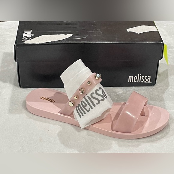Melissa Love Lip II Pink Jelly Gold Studded Slides Sz 10 BNWB - Picture 7 of 8